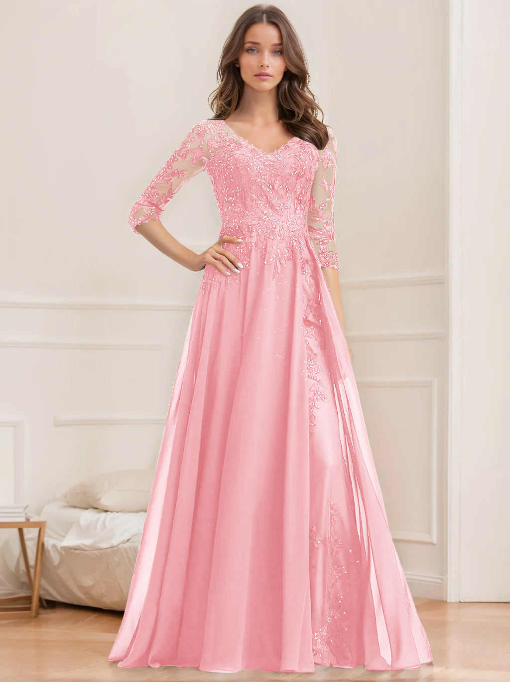 Long V Neck A Line Mother of the Bride Dresses with Half Sleeves and Sequins