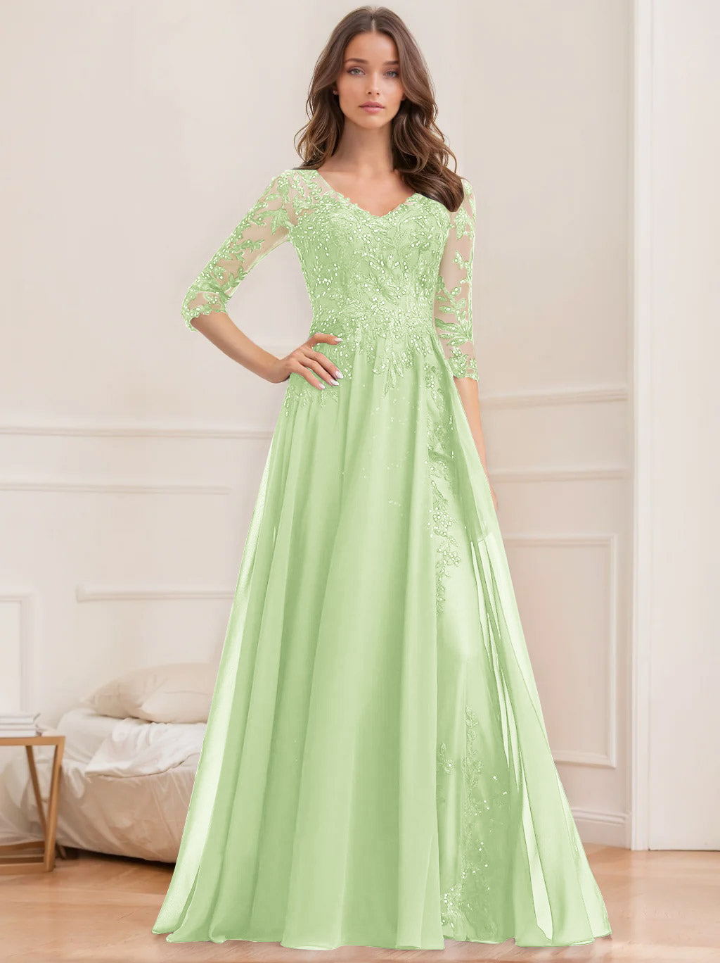 Long V Neck A Line Mother of the Bride Dresses with Half Sleeves and Sequins