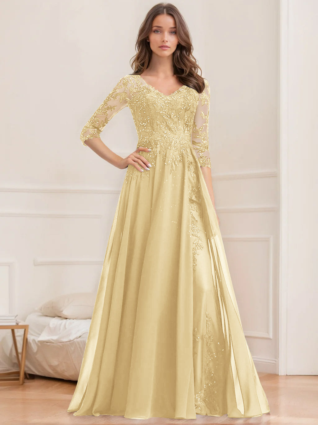 Long V Neck A Line Mother of the Bride Dresses with Half Sleeves and Sequins