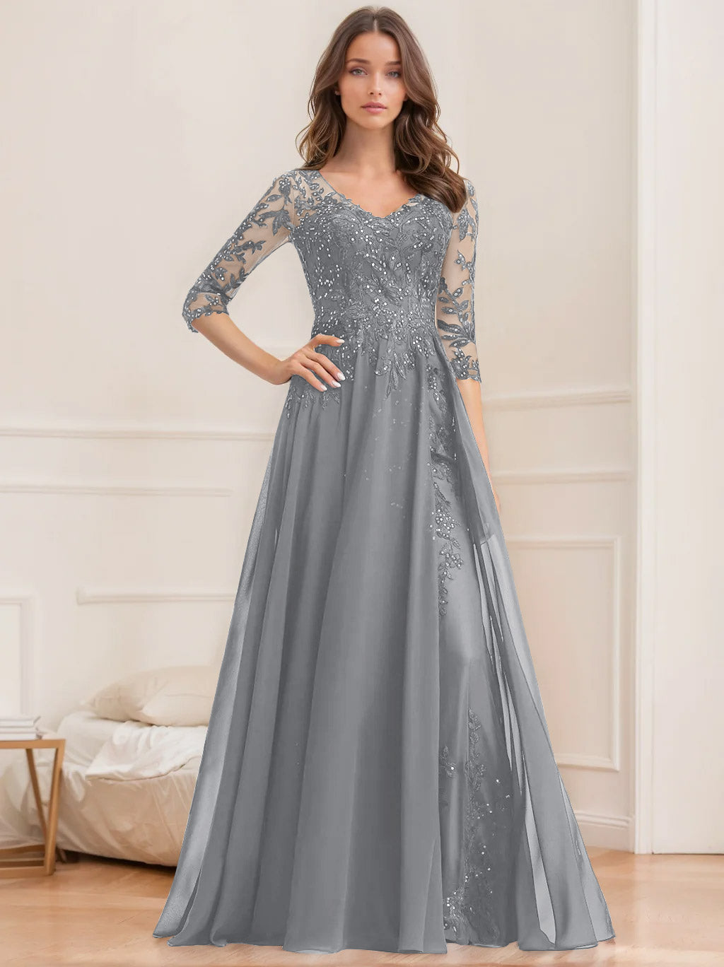 Long V Neck A Line Mother of the Bride Dresses with Half Sleeves and Sequins