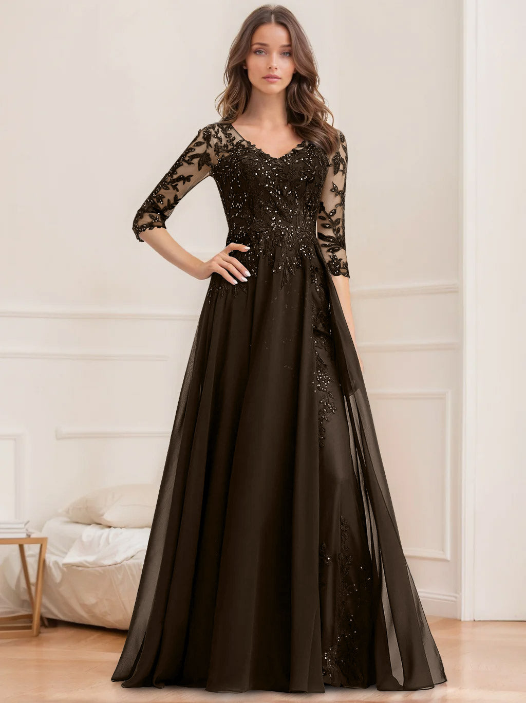 Long V Neck A Line Mother of the Bride Dresses with Half Sleeves and Sequins