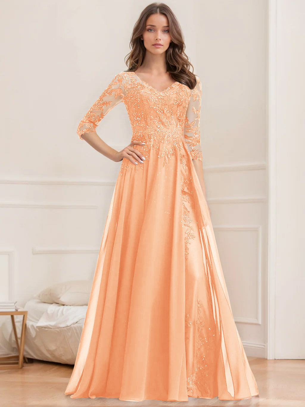 Long V Neck A Line Mother of the Bride Dresses with Half Sleeves and Sequins