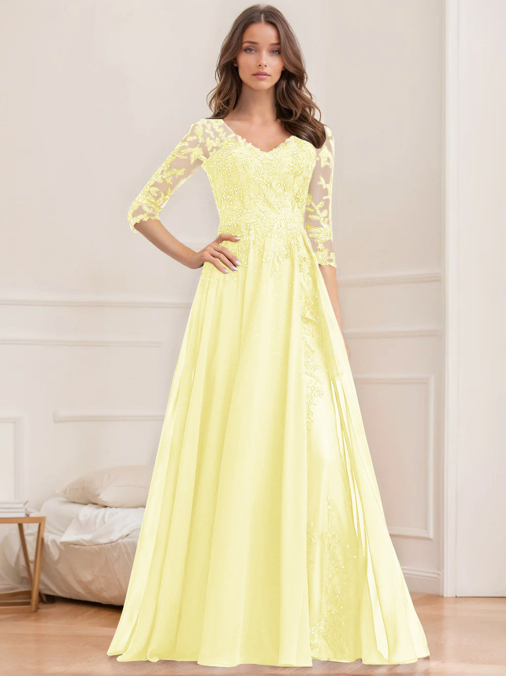 Long V Neck A Line Mother of the Bride Dresses with Half Sleeves and Sequins