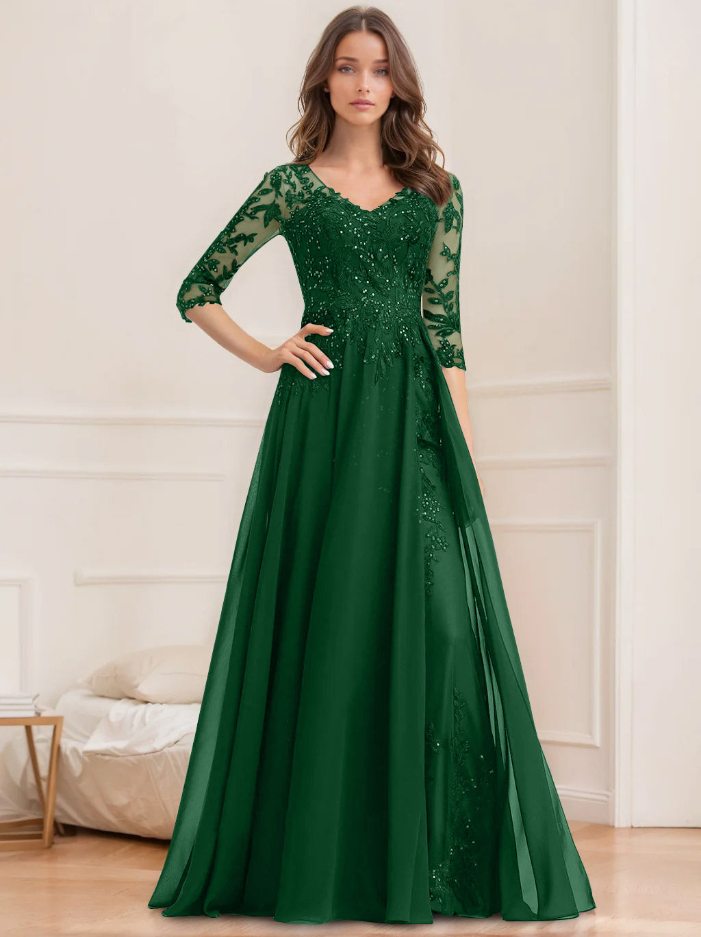 Long V Neck A Line Mother of the Bride Dresses with Half Sleeves and Sequins