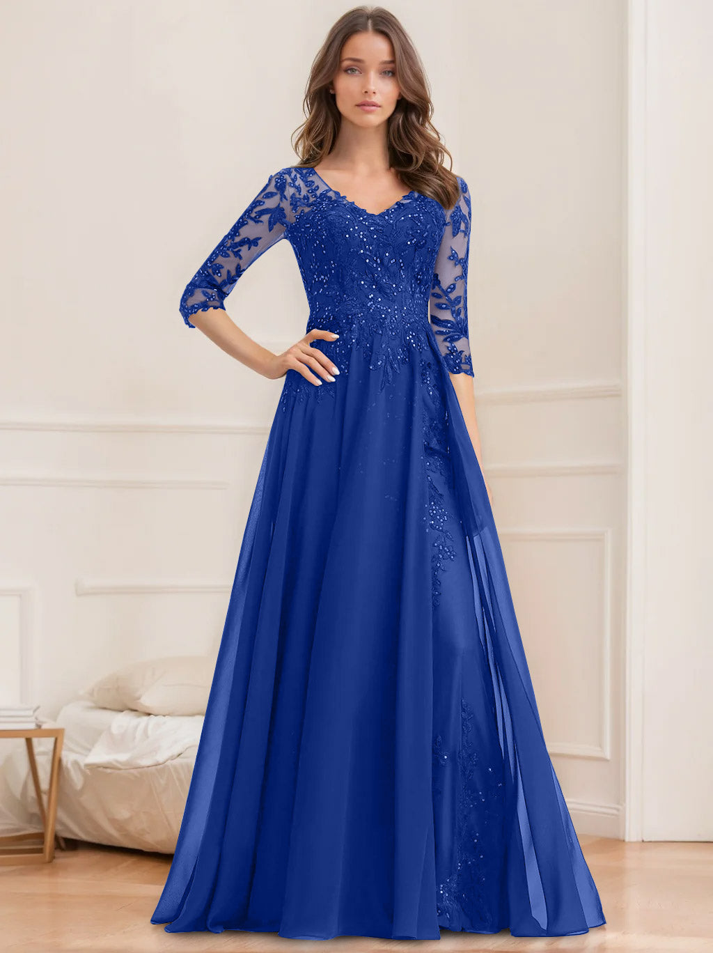 Long V Neck A Line Mother of the Bride Dresses with Half Sleeves and Sequins