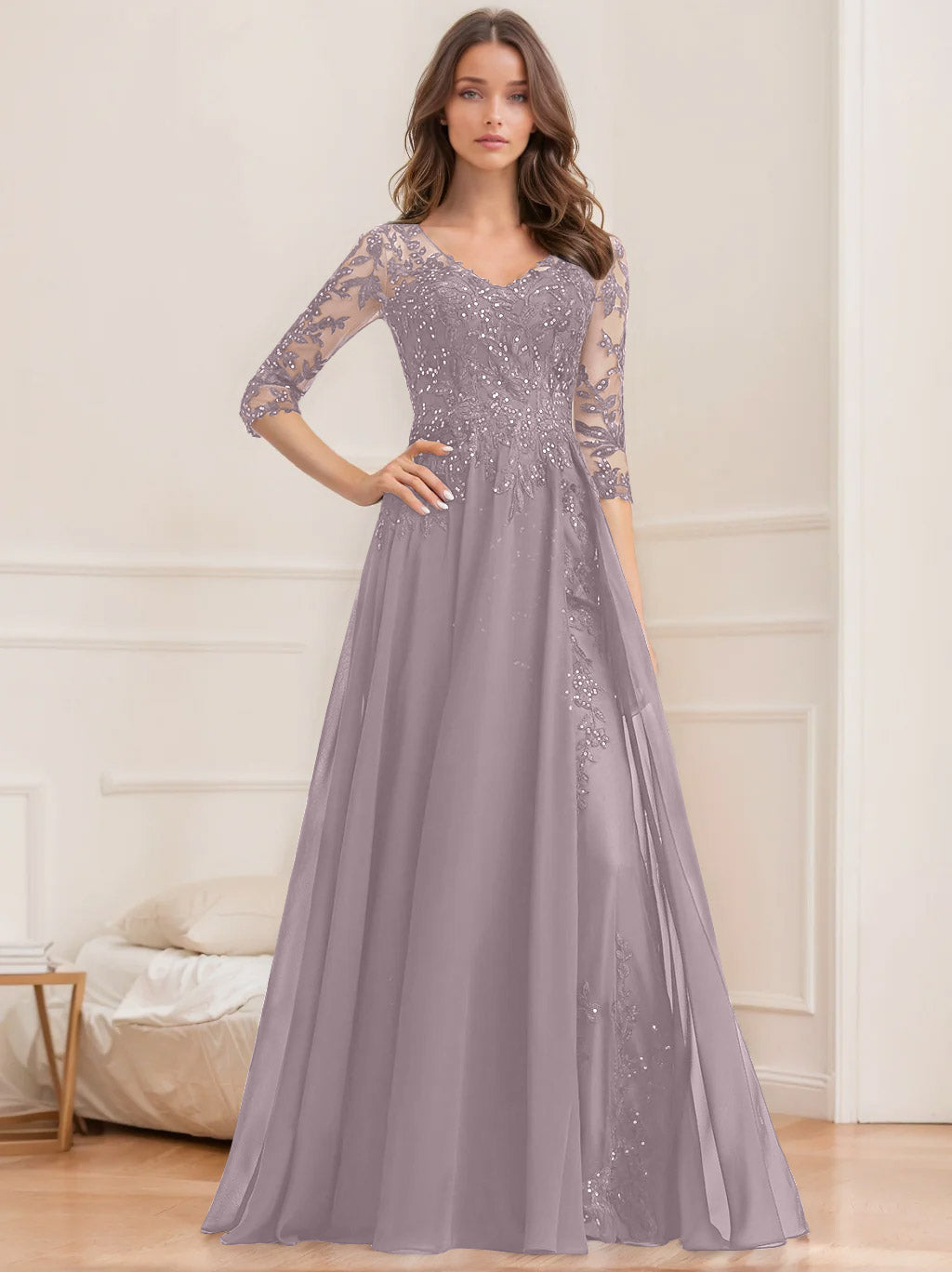 Long V Neck A Line Mother of the Bride Dresses with Half Sleeves and Sequins