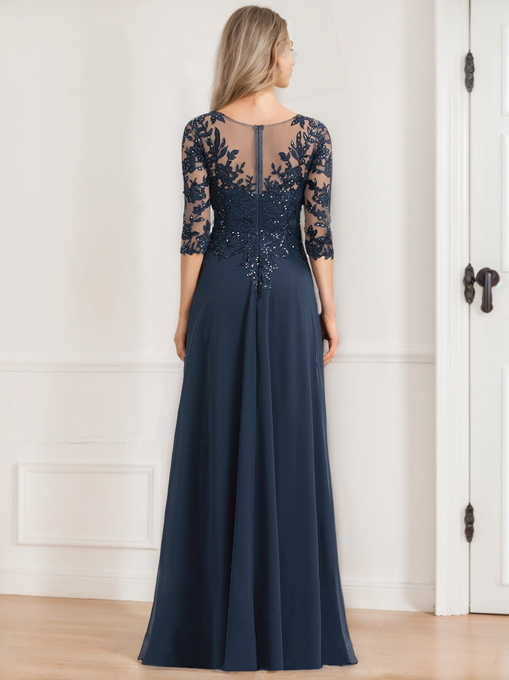 Long V Neck A Line Mother of the Bride Dresses with Half Sleeves and Sequins