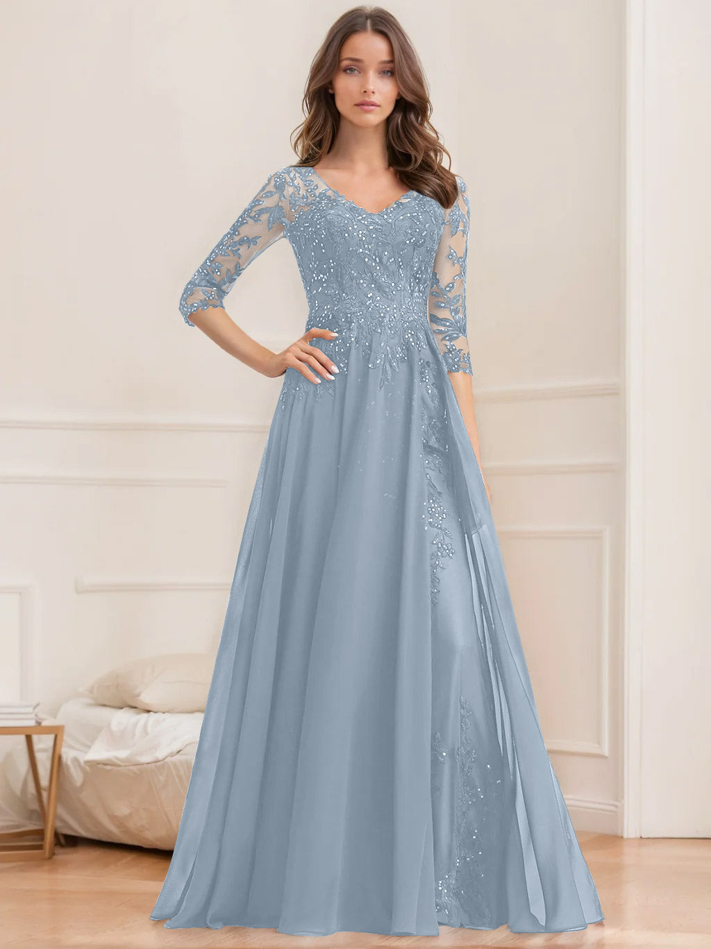 Long V Neck A Line Mother of the Bride Dresses with Half Sleeves and Sequins