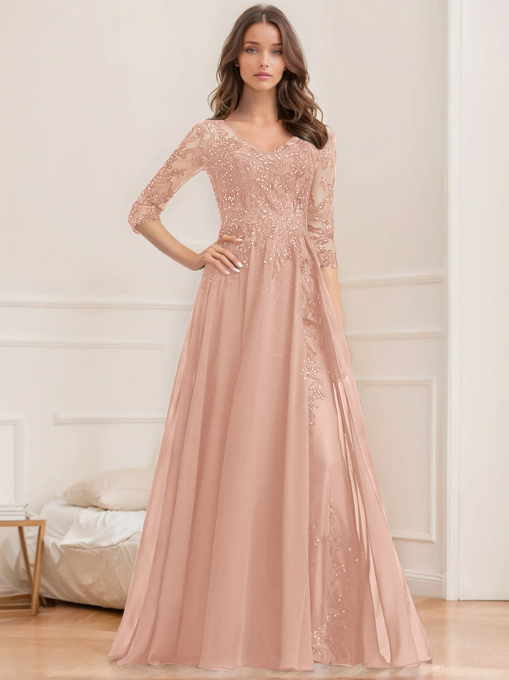 Long V Neck A Line Mother of the Bride Dresses with Half Sleeves and Sequins