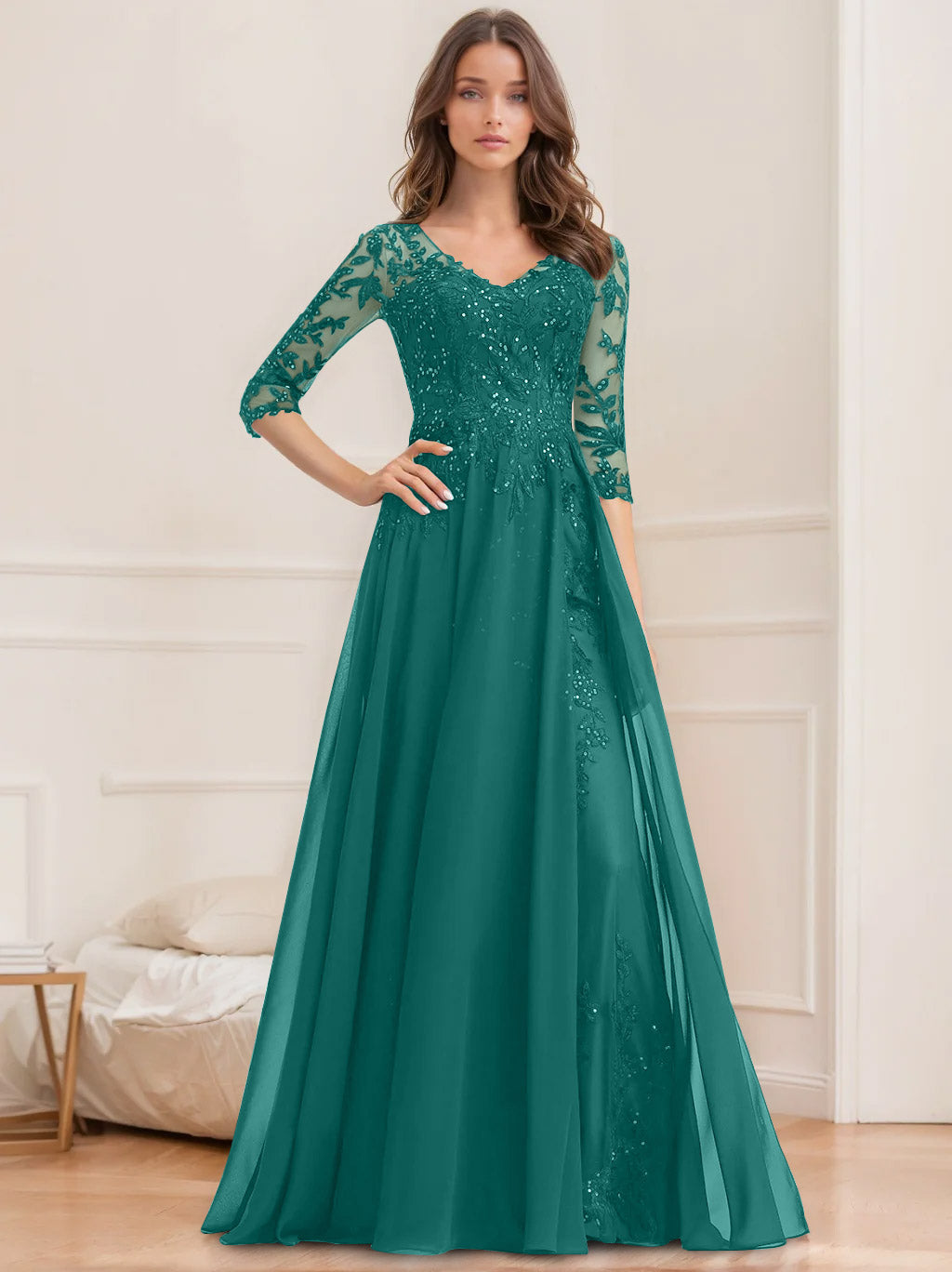 Long V Neck A Line Mother of the Bride Dresses with Half Sleeves and Sequins