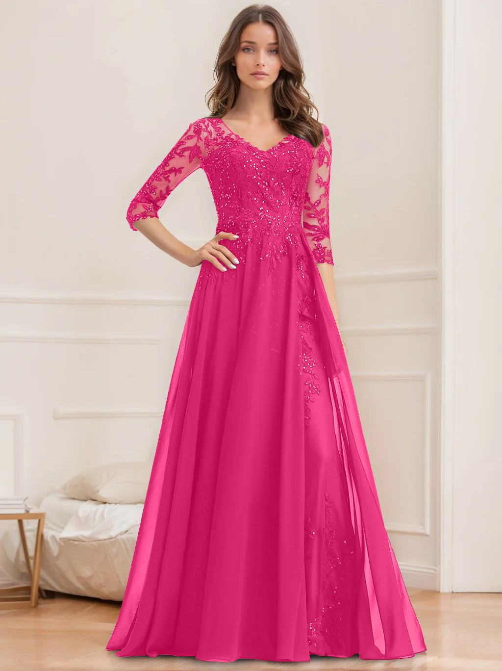 Long V Neck A Line Mother of the Bride Dresses with Half Sleeves and Sequins