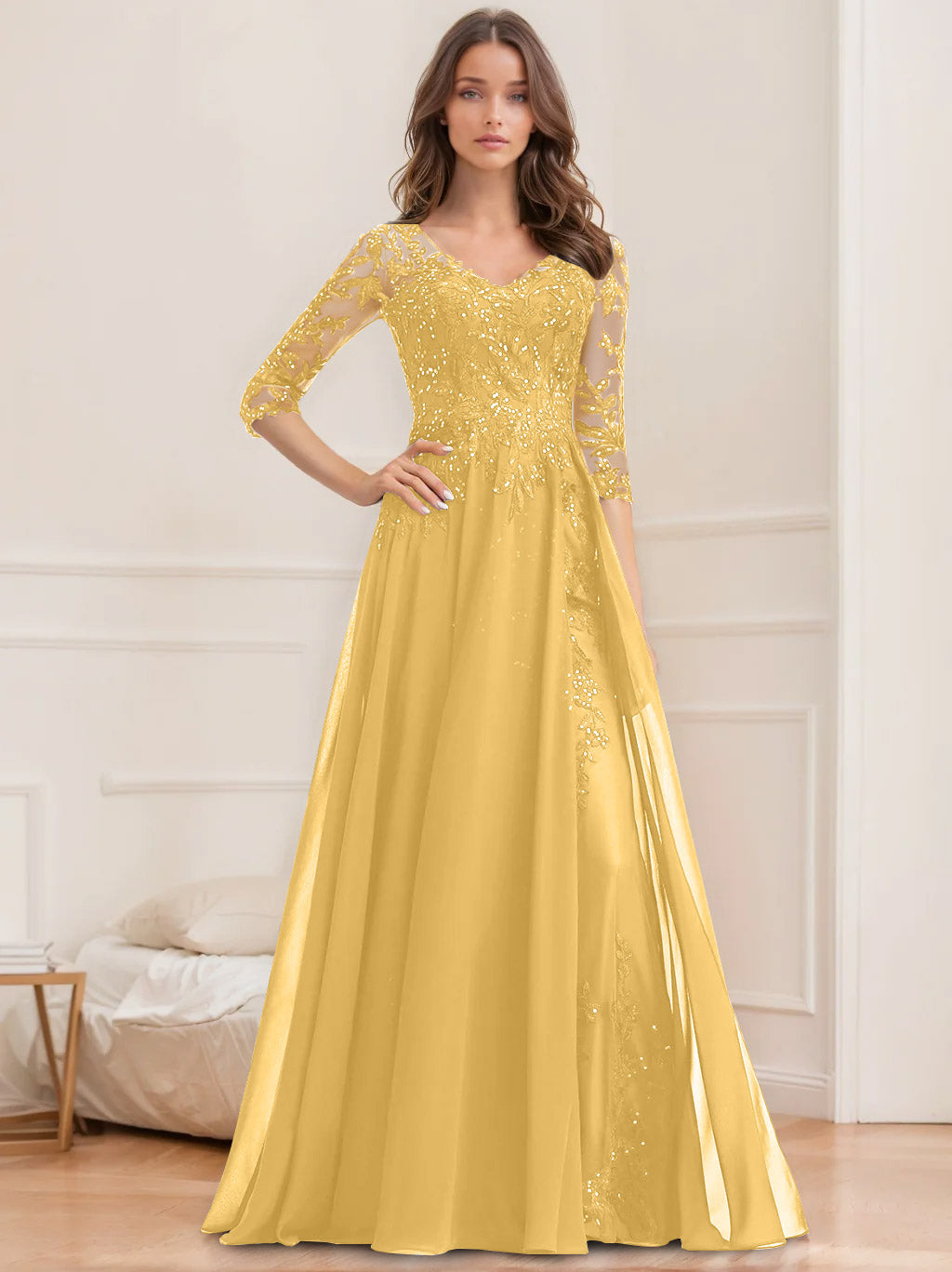 Long V Neck A Line Mother of the Bride Dresses with Half Sleeves and Sequins