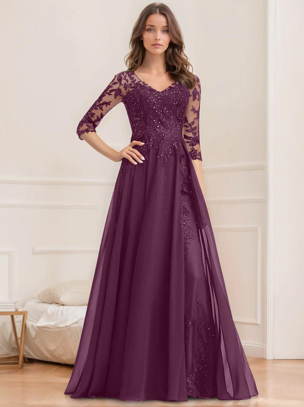 Long V Neck A Line Mother of the Bride Dresses with Half Sleeves and Sequins