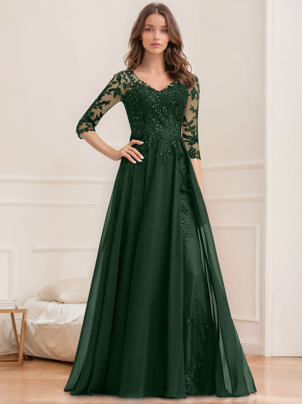Long V Neck A Line Mother of the Bride Dresses with Half Sleeves and Sequins