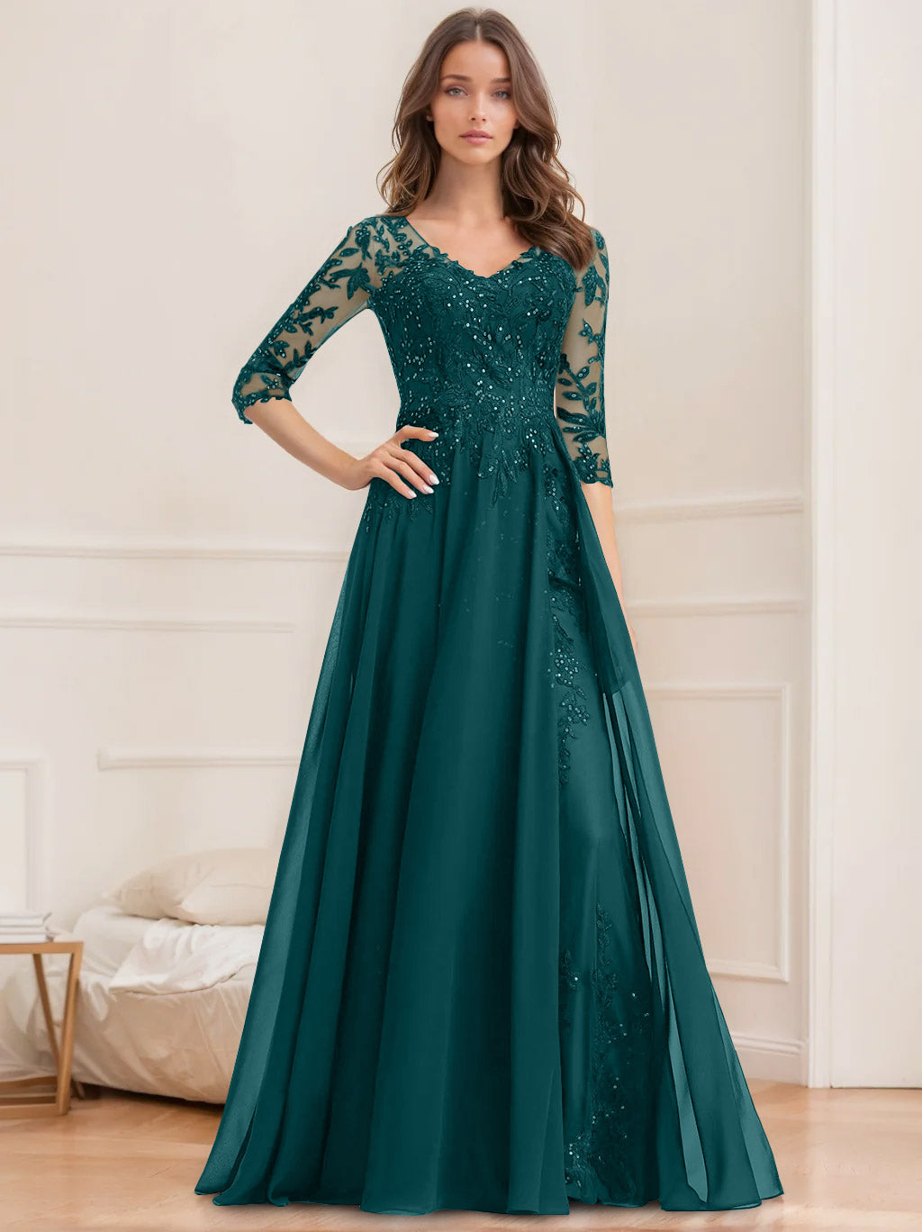 Long V Neck A Line Mother of the Bride Dresses with Half Sleeves and Sequins