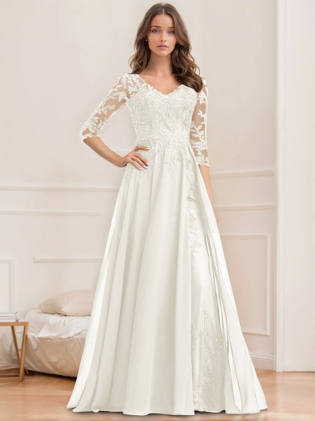 Long V Neck A Line Mother of the Bride Dresses with Half Sleeves and Sequins