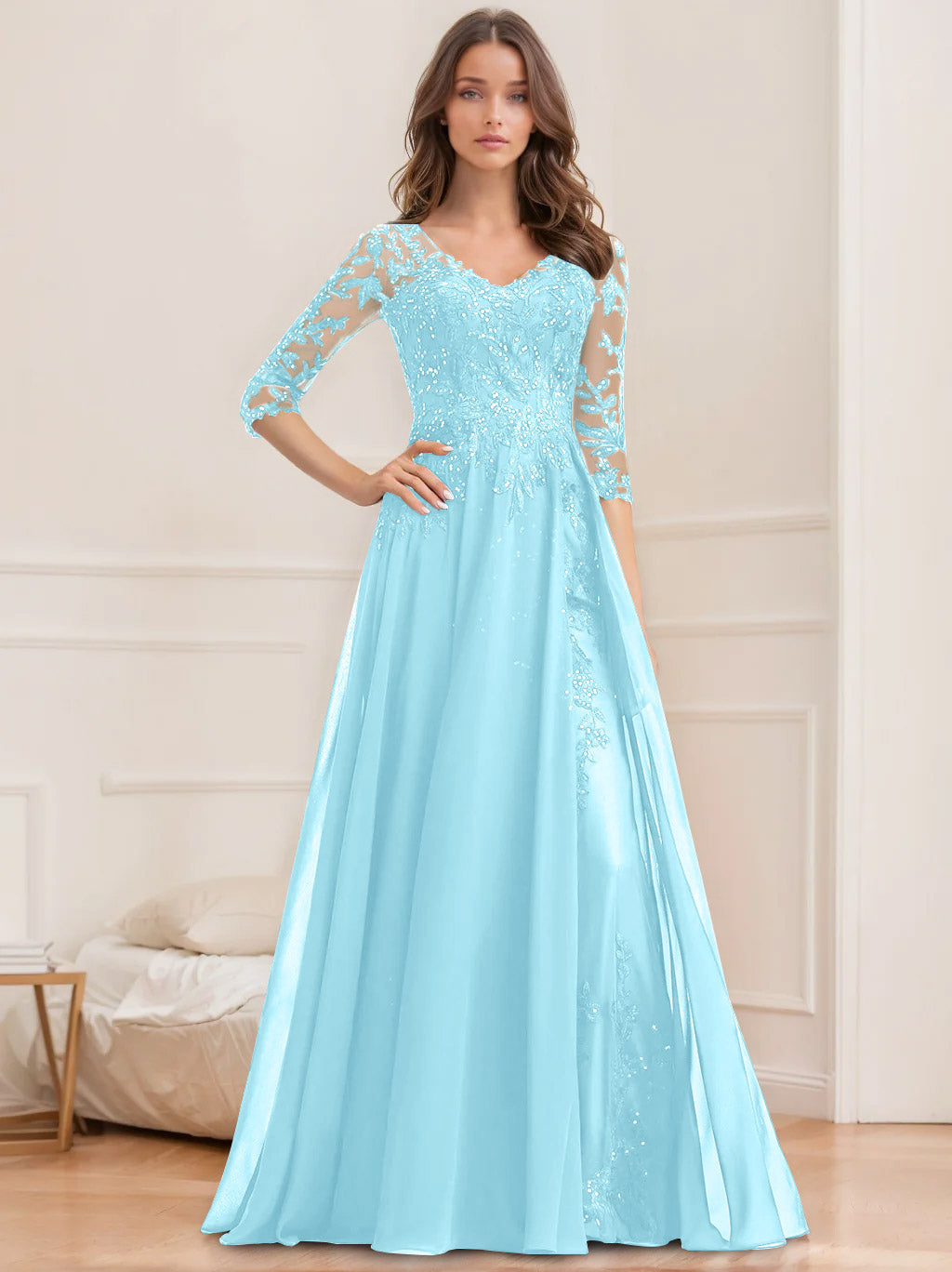 Long V Neck A Line Mother of the Bride Dresses with Half Sleeves and Sequins