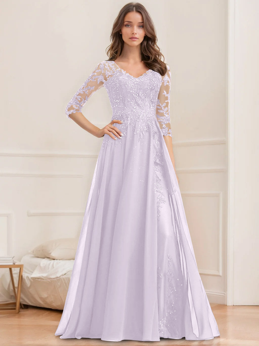 Long V Neck A Line Mother of the Bride Dresses with Half Sleeves and Sequins