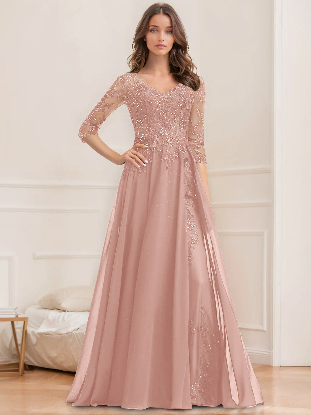Long V Neck A Line Mother of the Bride Dresses with Half Sleeves and Sequins