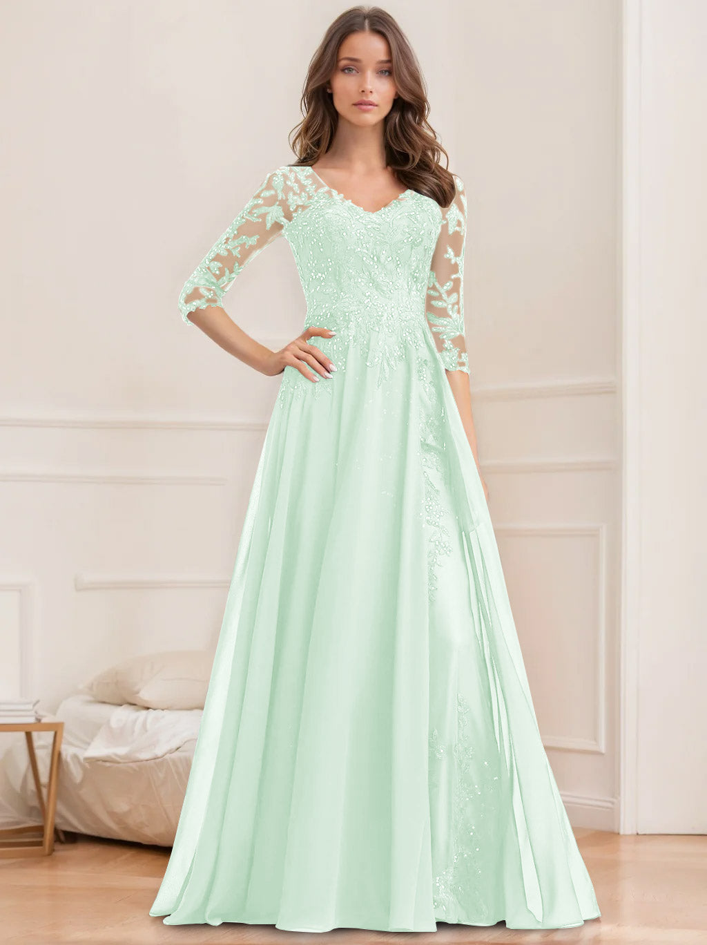 Long V Neck A Line Mother of the Bride Dresses with Half Sleeves and Sequins