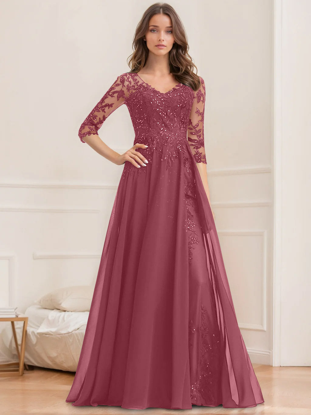 Long V Neck A Line Mother of the Bride Dresses with Half Sleeves and Sequins