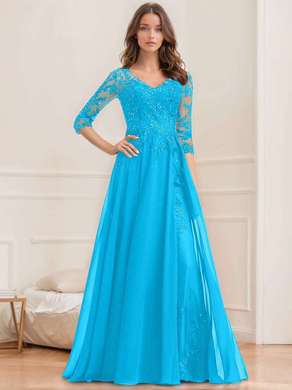 Long V Neck A Line Mother of the Bride Dresses with Half Sleeves and Sequins