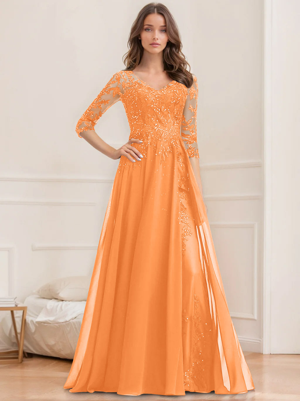 Long V Neck A Line Mother of the Bride Dresses with Half Sleeves and Sequins