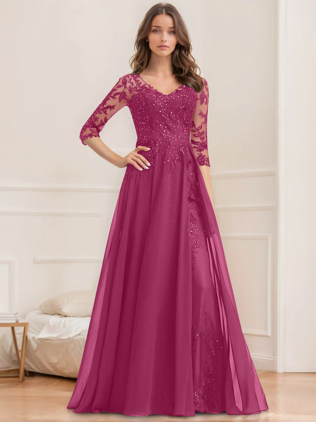 Long V Neck A Line Mother of the Bride Dresses with Half Sleeves and Sequins