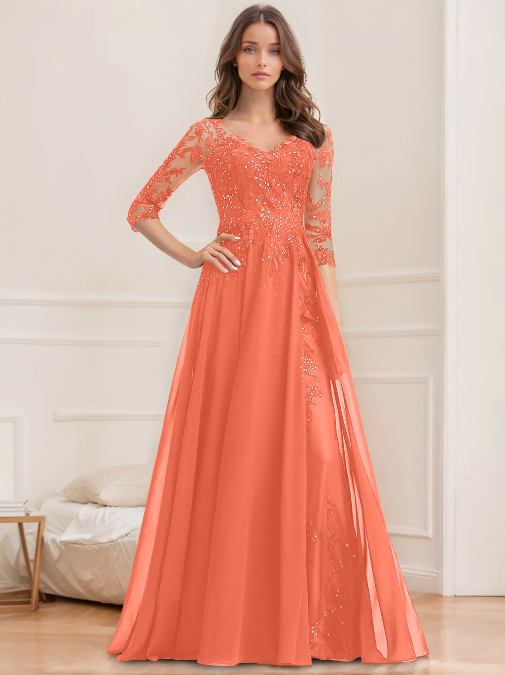 Long V Neck A Line Mother of the Bride Dresses with Half Sleeves and Sequins