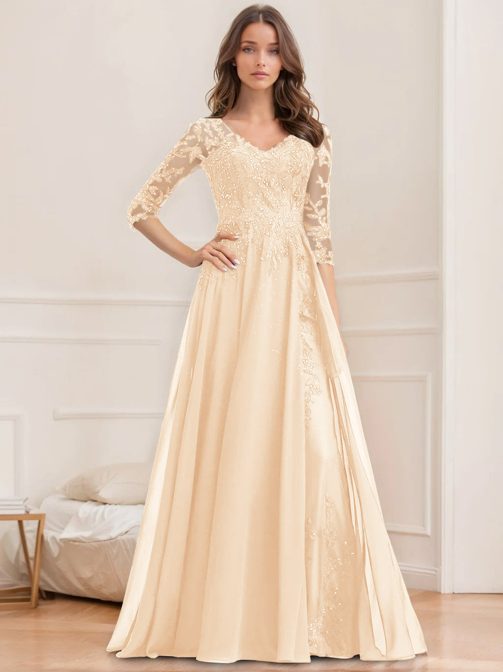 Long V Neck A Line Mother of the Bride Dresses with Half Sleeves and Sequins