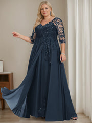 Long V Neck A Line Mother of the Bride Dresses with Half Sleeves and Sequins