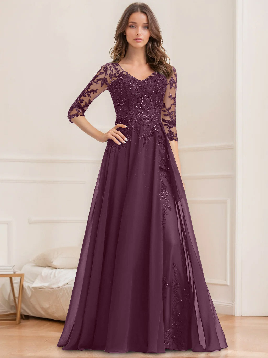 Long V Neck A Line Mother of the Bride Dresses with Half Sleeves and Sequins