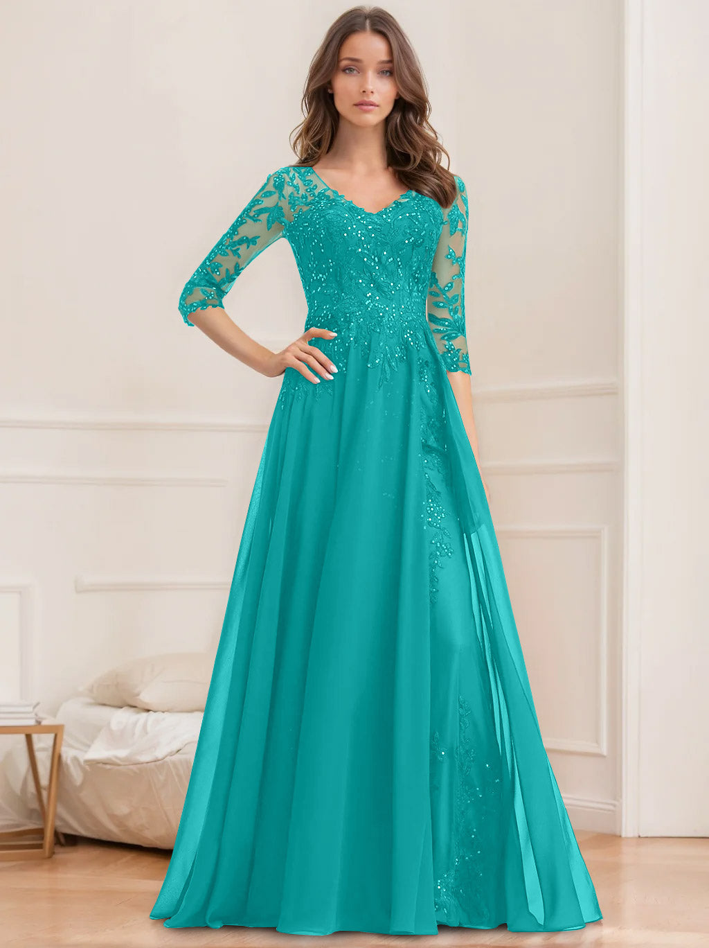 Long V Neck A Line Mother of the Bride Dresses with Half Sleeves and Sequins