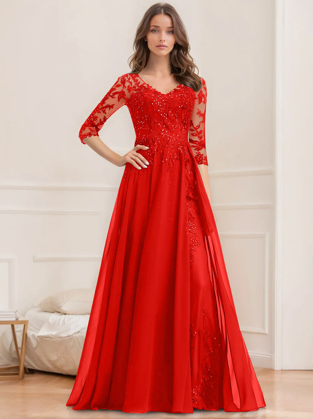 Long V Neck A Line Mother of the Bride Dresses with Half Sleeves and Sequins