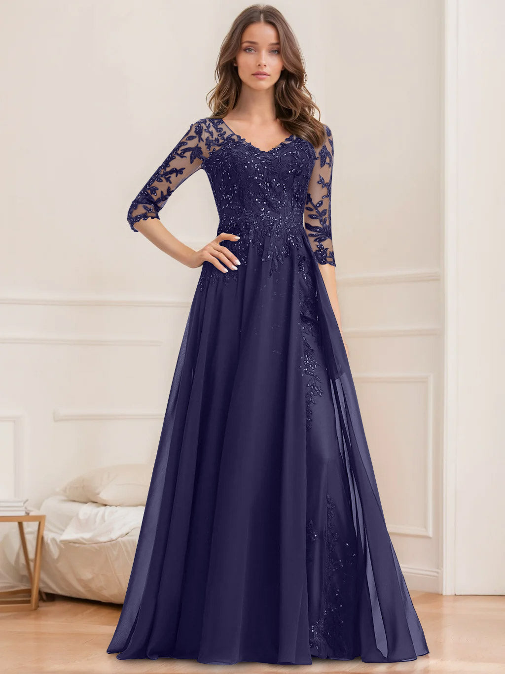 Long V Neck A Line Mother of the Bride Dresses with Half Sleeves and Sequins