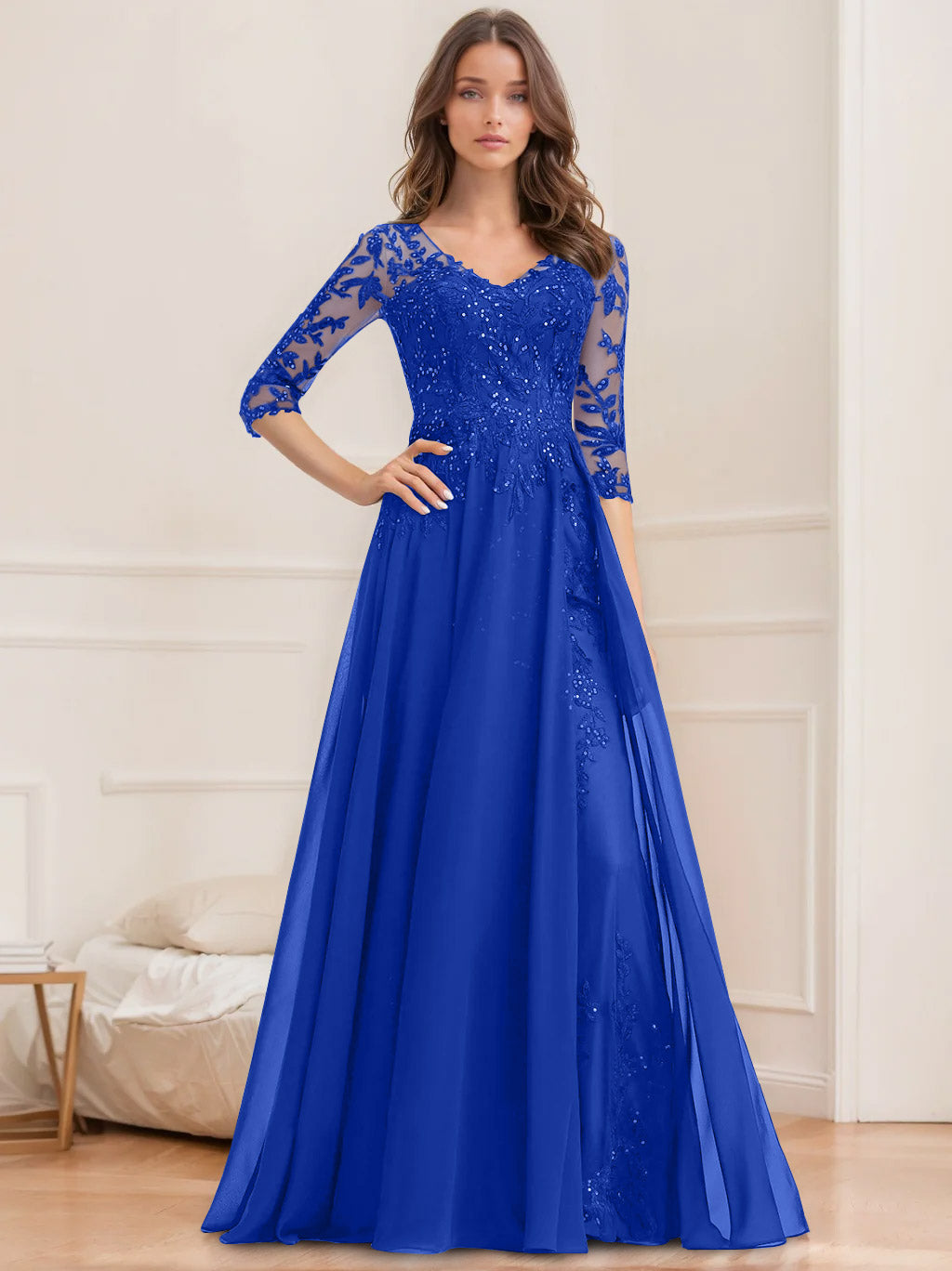 Long V Neck A Line Mother of the Bride Dresses with Half Sleeves and Sequins