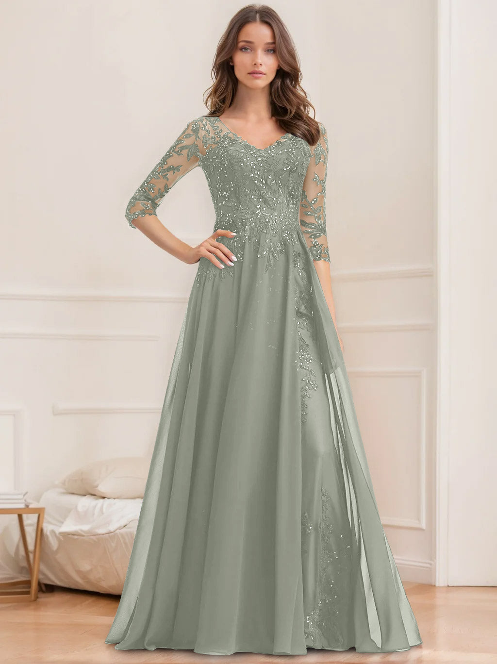 Long V Neck A Line Mother of the Bride Dresses with Half Sleeves and Sequins
