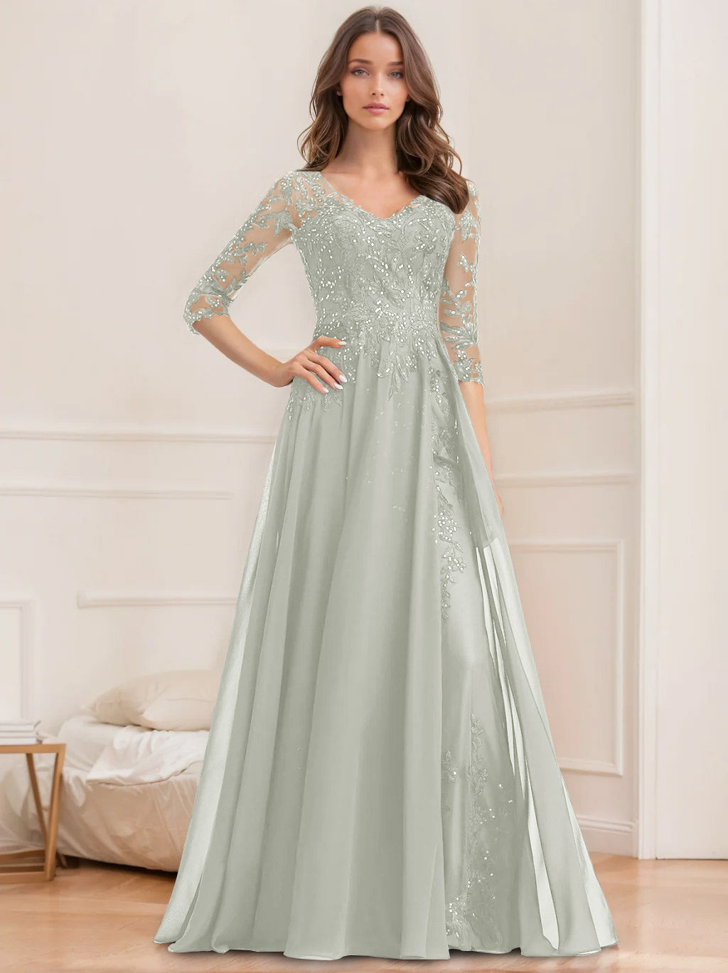 Long V Neck A Line Mother of the Bride Dresses with Half Sleeves and Sequins