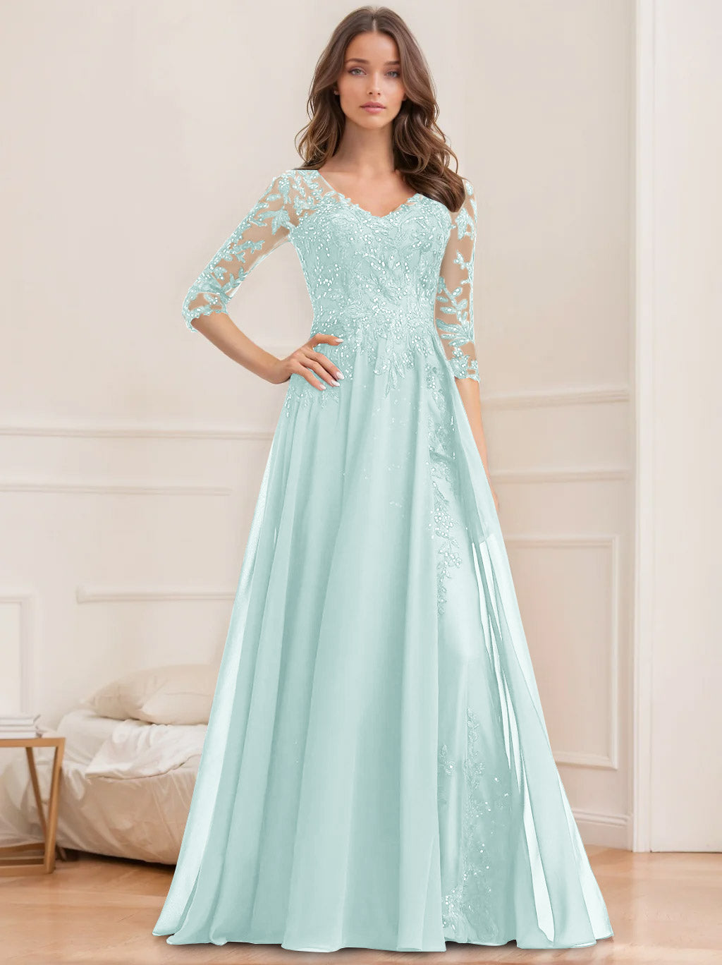 Long V Neck A Line Mother of the Bride Dresses with Half Sleeves and Sequins