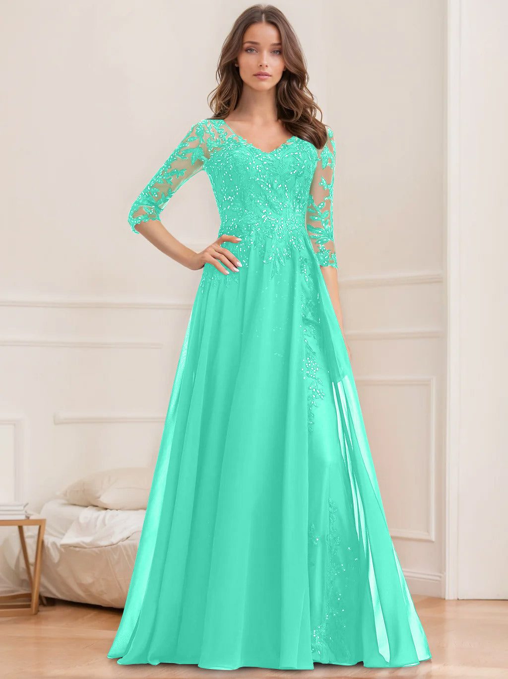 Long V Neck A Line Mother of the Bride Dresses with Half Sleeves and Sequins