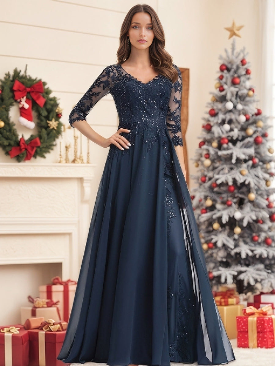 Long V Neck A Line Mother of the Bride Dresses with Half Sleeves and Sequins