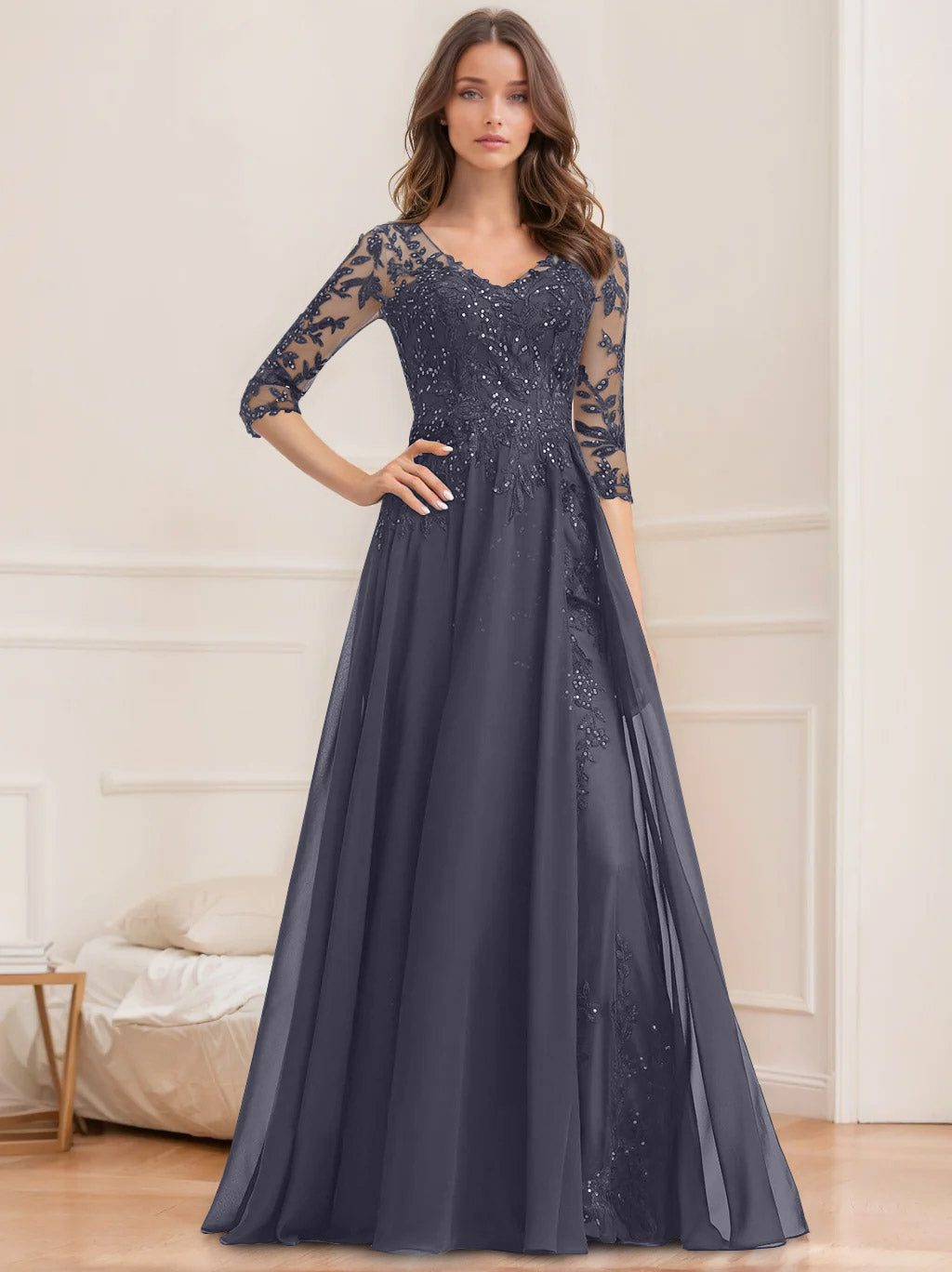 Long V Neck A Line Mother of the Bride Dresses with Half Sleeves and Sequins