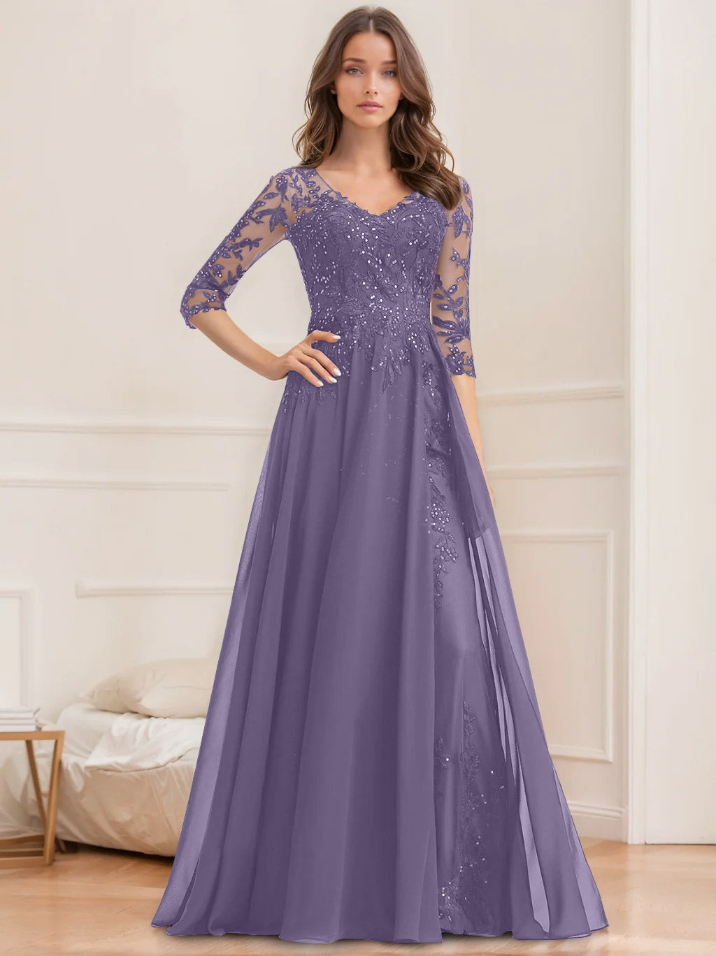 Long V Neck A Line Mother of the Bride Dresses with Half Sleeves and Sequins