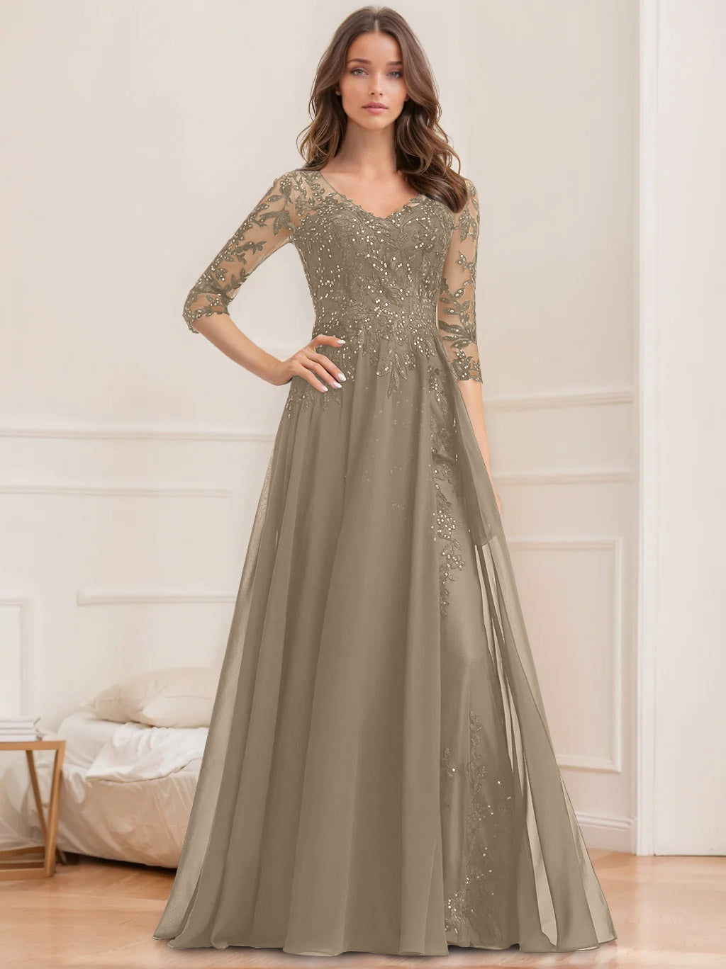 Long V Neck A Line Mother of the Bride Dresses with Half Sleeves and Sequins