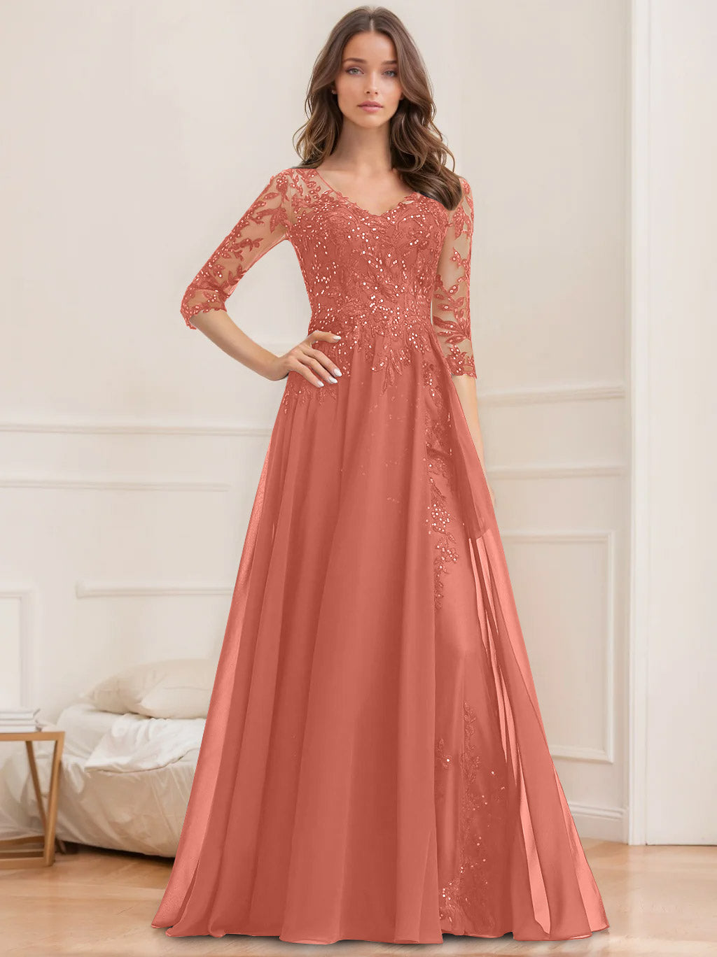 Long V Neck A Line Mother of the Bride Dresses with Half Sleeves and Sequins