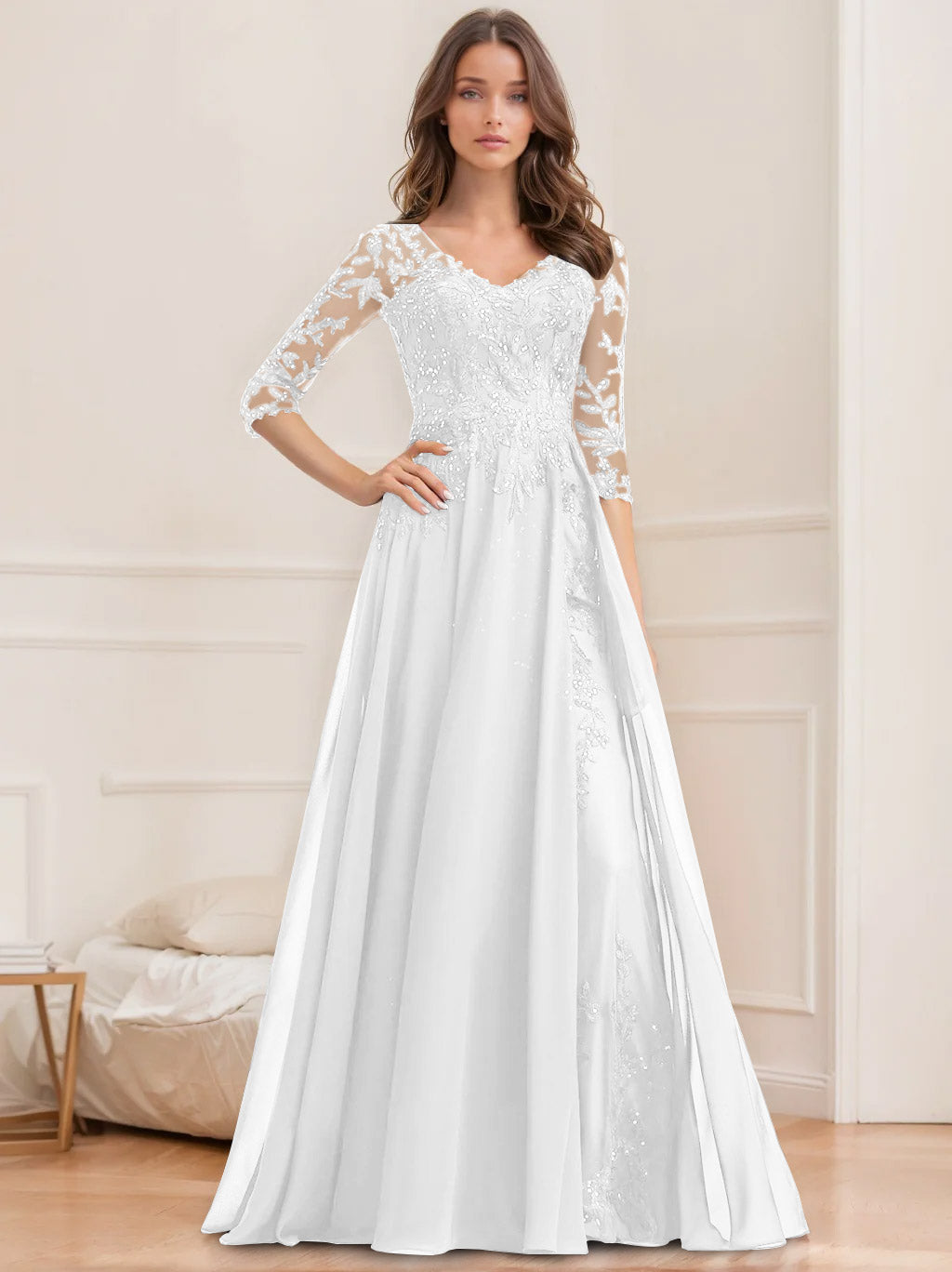 Long V Neck A Line Mother of the Bride Dresses with Half Sleeves and Sequins