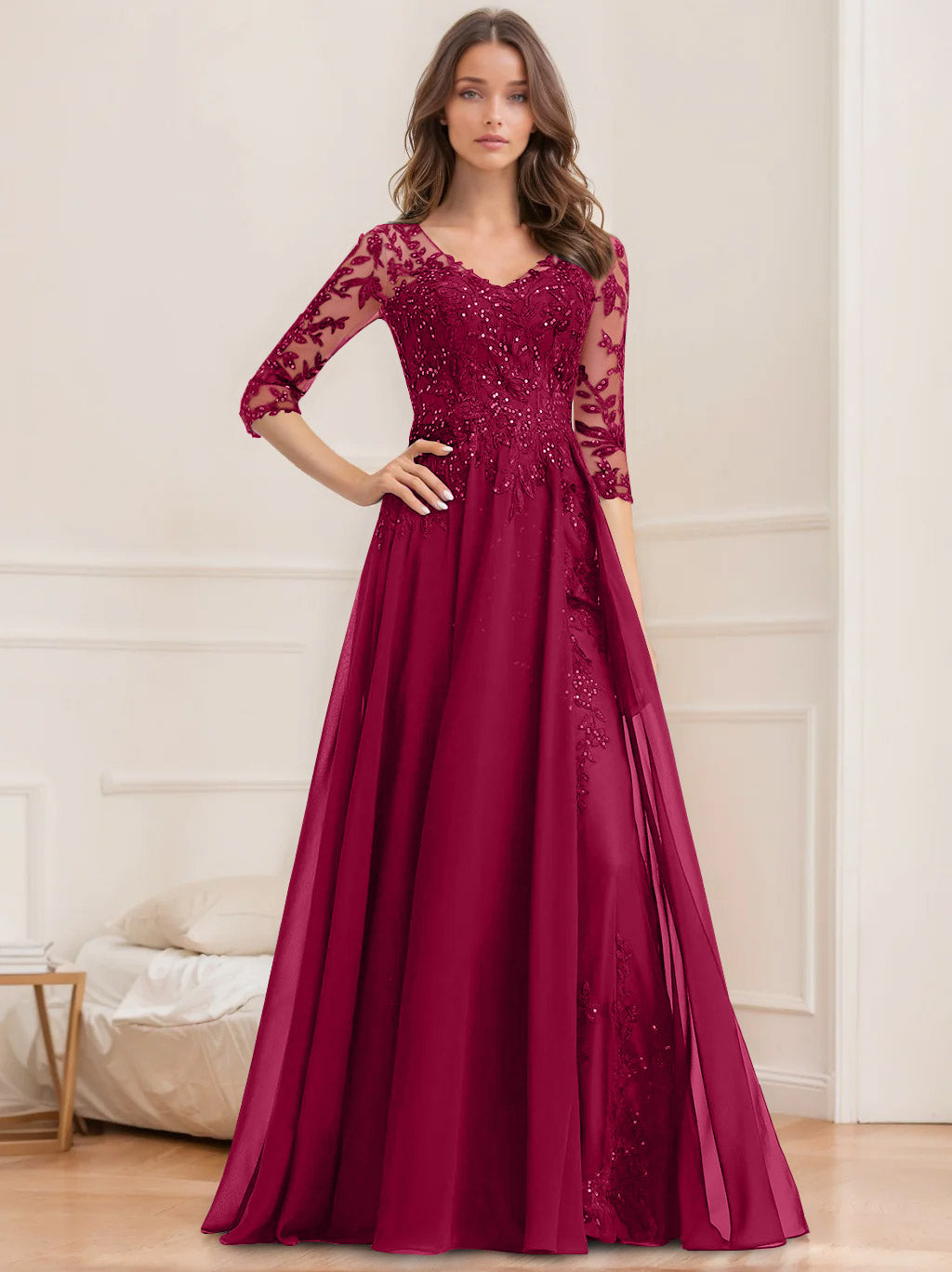 Long V Neck A Line Mother of the Bride Dresses with Half Sleeves and Sequins