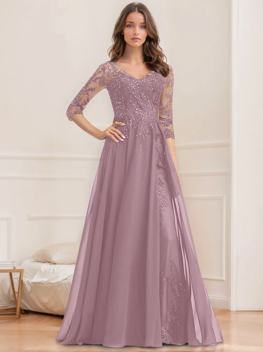 Long V Neck A Line Mother of the Bride Dresses with Half Sleeves and Sequins
