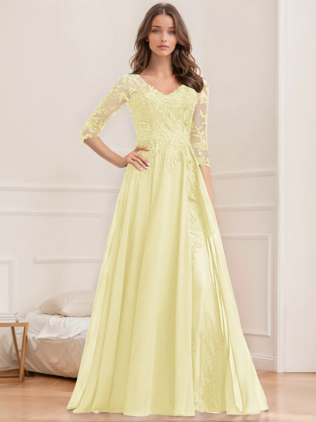 Long V Neck A Line Mother of the Bride Dresses with Half Sleeves and Sequins