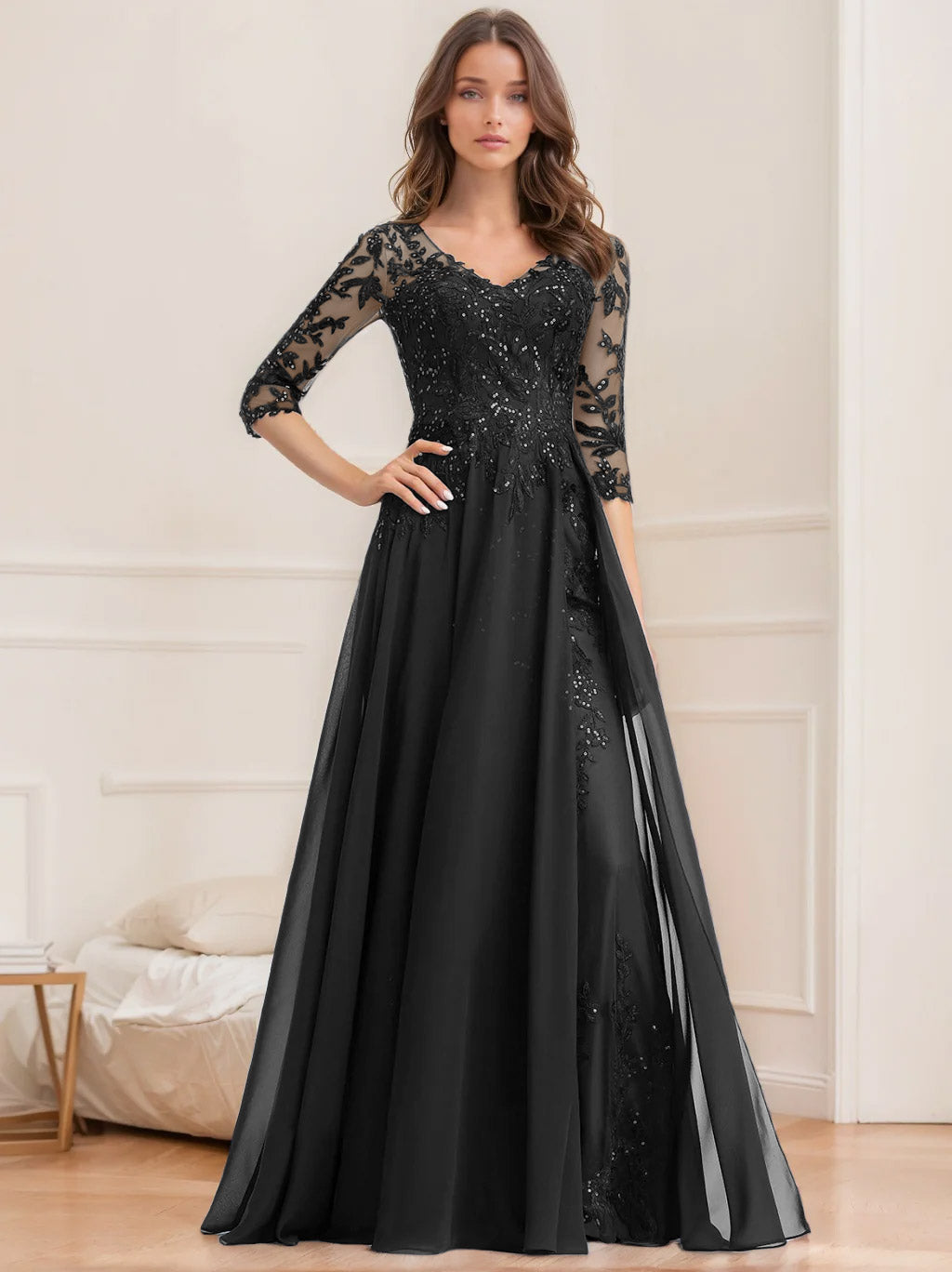 Long V Neck A Line Mother of the Bride Dresses with Half Sleeves and Sequins